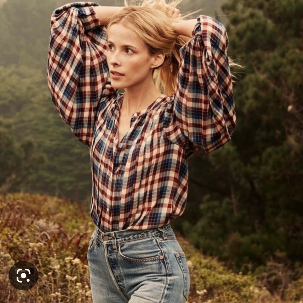 Doen Harlow Plaid Blouson-Sleeve Blouse never worn